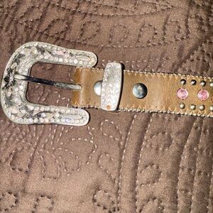 Girl’s Brown Leather Belt with Silver Buckle and Pink Accents